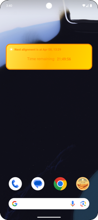 Home screen widget showing the next sun alignment time and a live countdown